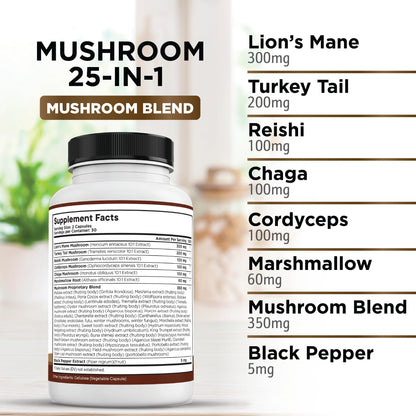 Liberty Lifestyle Lions Mane Mushroom Supplement with Turkey Tail Reishi Cordyceps Chaga with Marshmallow Root - 2-Pack