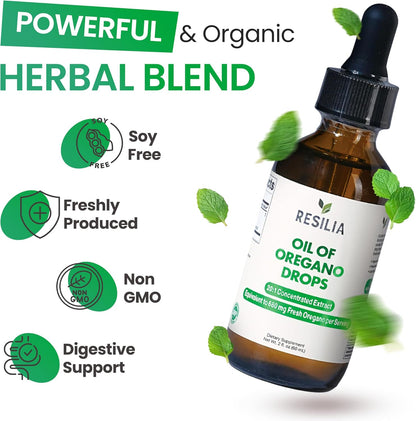Resilia Premium Oregano Oil Drops – High Potency 34mg Per Serving – Herbal Antioxidant Formula for Immune Support – Non-GMO, Easy-to-Use Liquid Supplement, 60ml
