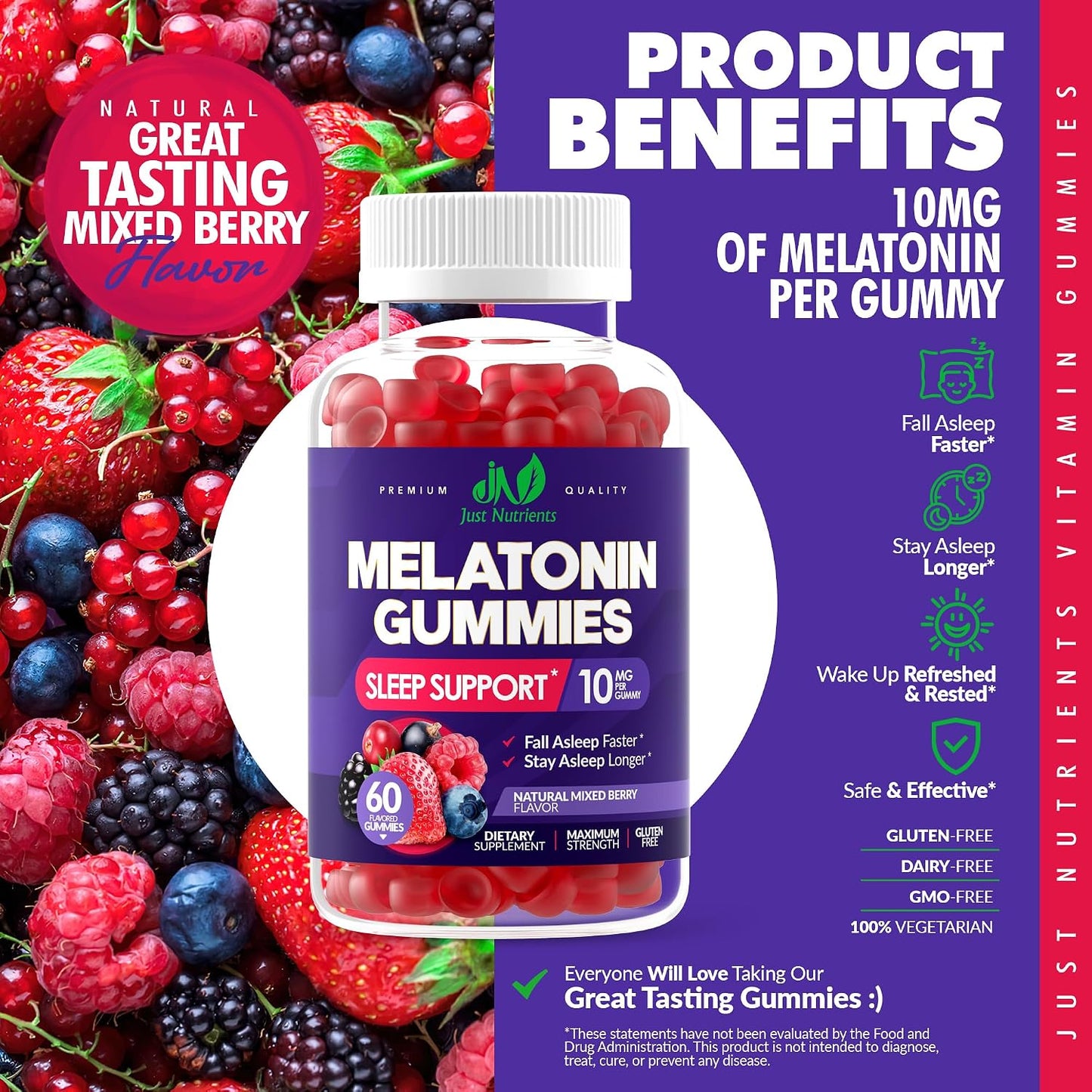 Melatonin 10mg Gummies with 10mg of Melatonin Per Gummy (60 Servings) | Maximum Strength Sleep Support for Adults - Gluten-Free, Vegetarian, Great Tasting Mixed Berry Flavor - 60 Servings