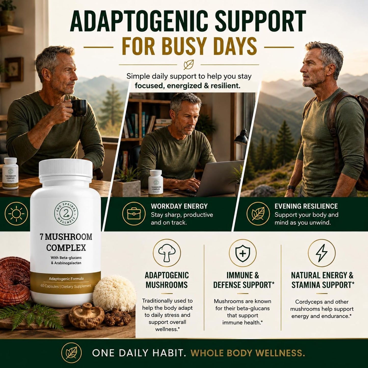7 Organic Mushroom Complex - 7 Mushroom Supplement | Immune Support Nootropic & Adaptogenic, Lion's Mane, Chaga, Maitake, Shiitake, Reishi, Turkey Tails, Cordyceps, Capsules