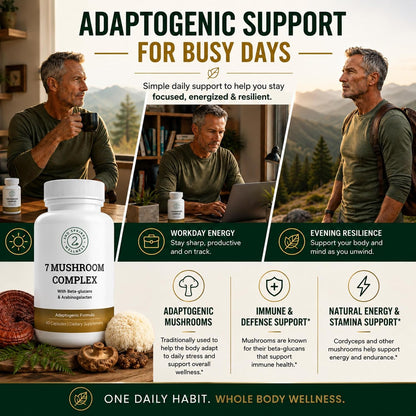 7 Organic Mushroom Complex - 7 Mushroom Supplement | Immune Support Nootropic & Adaptogenic, Lion's Mane, Chaga, Maitake, Shiitake, Reishi, Turkey Tails, Cordyceps, Capsules