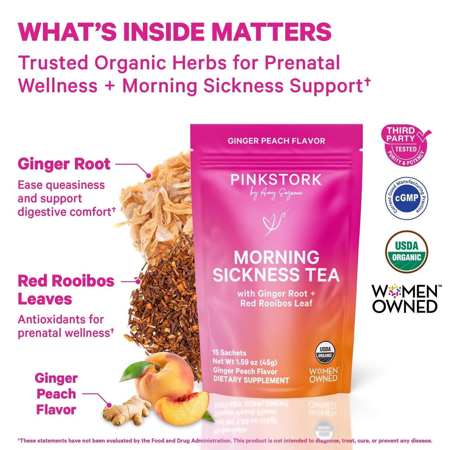 Pink Stork Organic Morning Sickness Pregnancy Tea - Hot or Iced Tea - Prenatal Heartburn, Indigestion, and Constipation Support - 1st Trimester Pregnancy Must Haves - Ginger Peach, 15 Sachets