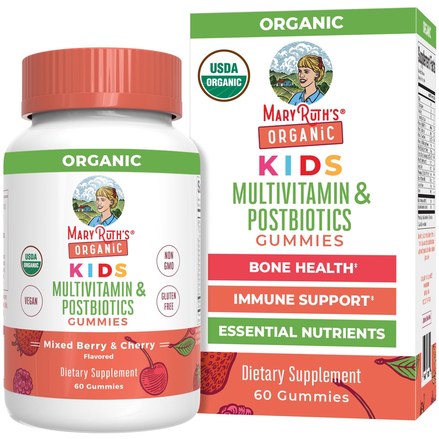 MARYRUTH'S Kids Vitamins USDA Organic | Multivitamin Gummies + Postbiotics for Ages 4+ | Multivitamin for Kids with Lactobacillus Rhamnosus | Children’s Vitamins | Vegan | Non-GMO | 60 Count