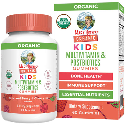 MARYRUTH'S Kids Vitamins USDA Organic | Multivitamin Gummies + Postbiotics for Ages 4+ | Multivitamin for Kids with Lactobacillus Rhamnosus | Children’s Vitamins | Vegan | Non-GMO | 60 Count