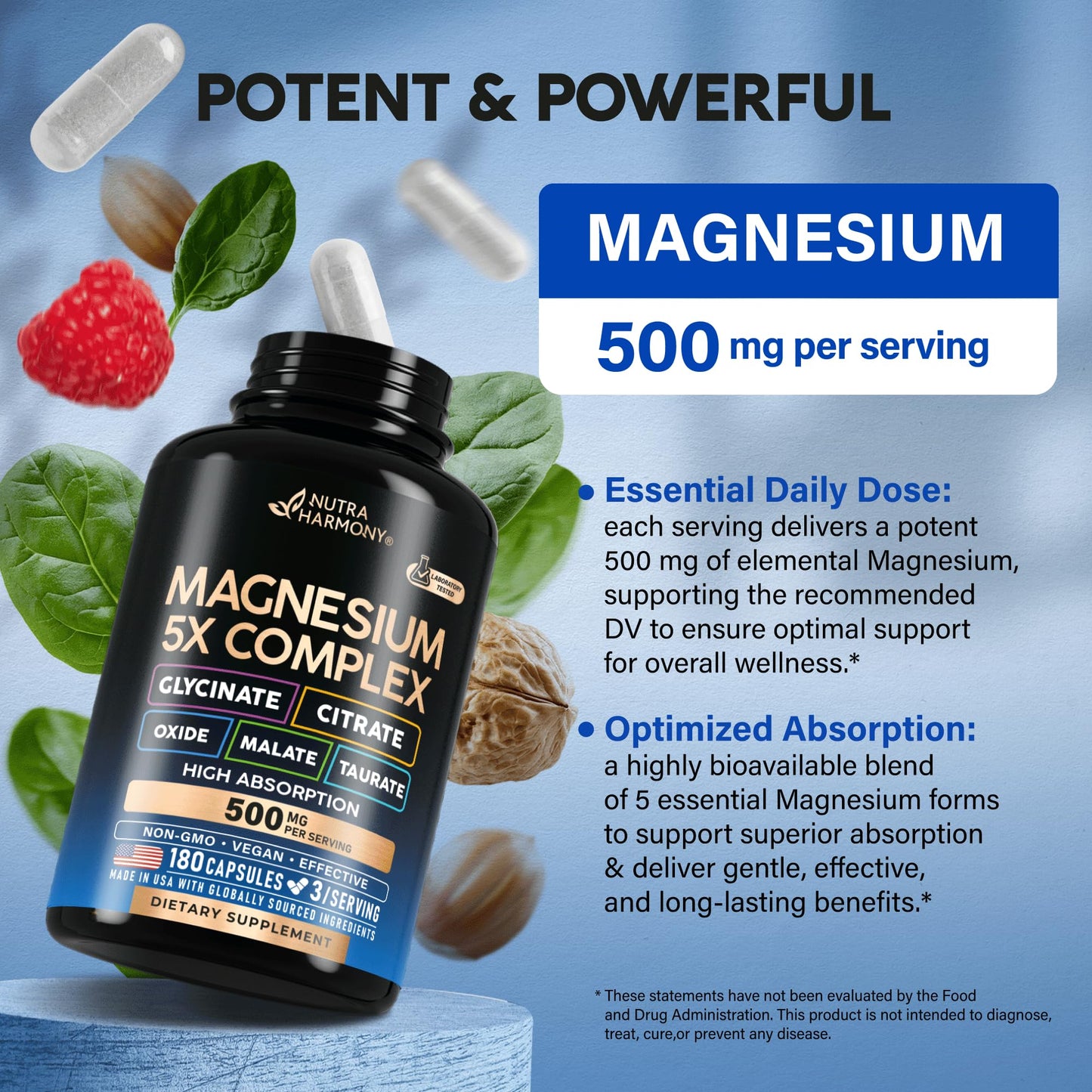 Magnesium Supplement - 5 in 1 Complex | Glycinate | Citrate | Malate | Taurate | Oxide - for Women & Men - Stress, Muscle & Heart Support - Vegan, Natural, Non-GMO - 180 Capsules, 2 Month Supply