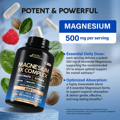 Magnesium Supplement - 5 in 1 Complex | Glycinate | Citrate | Malate | Taurate | Oxide - for Women & Men - Stress, Muscle & Heart Support - Vegan, Natural, Non-GMO - 180 Capsules, 2 Month Supply