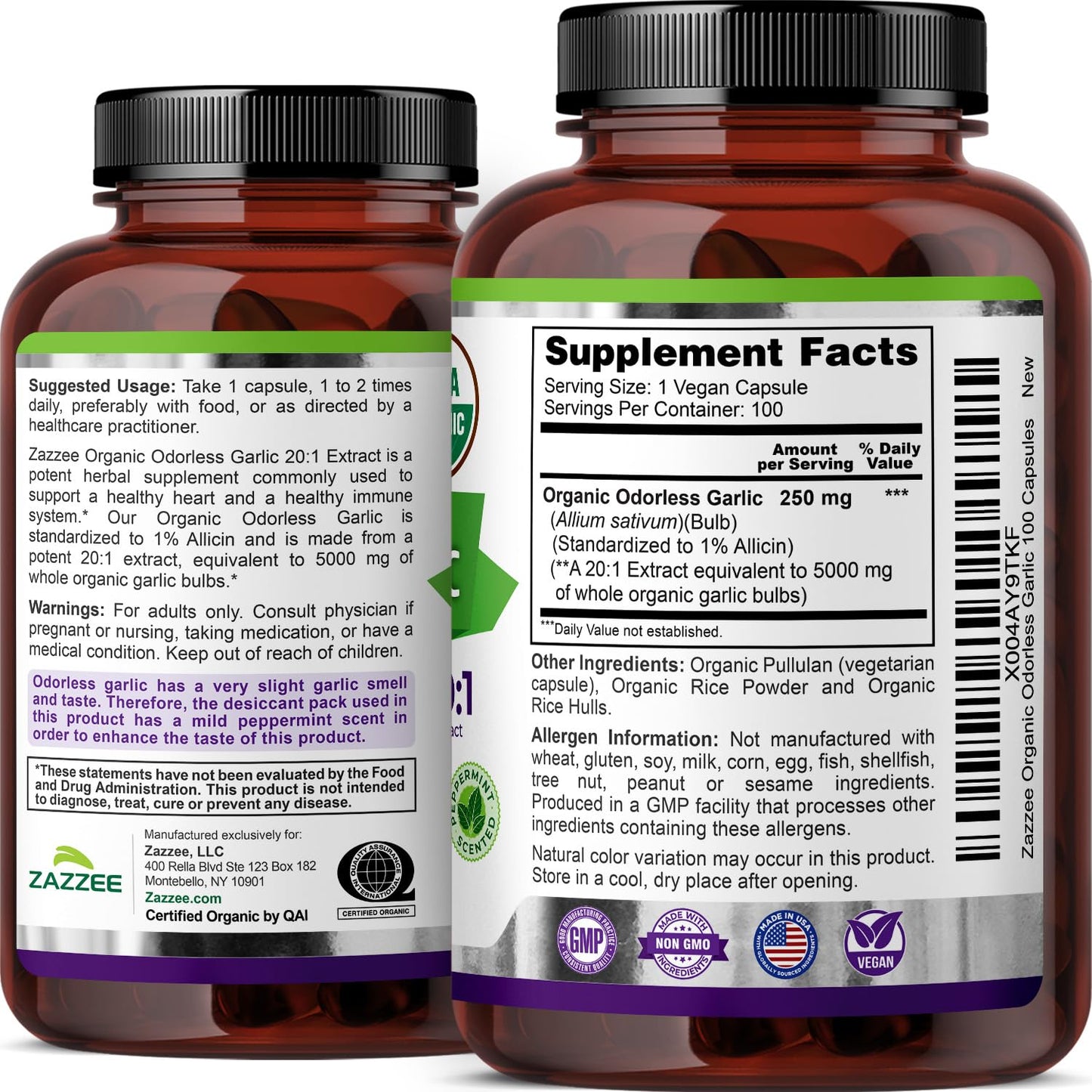 Zazzee USDA Organic Odorless Garlic 20:1 Extract, 1% Allicin, 100 Vegan Capsules, 3+ Month Supply, Allium Sativum, Immune, Circulation & Heart Health Support, All-Natural, Non-GMO, Made in the USA