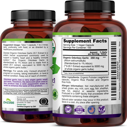 Zazzee USDA Organic Odorless Garlic 20:1 Extract, 1% Allicin, 100 Vegan Capsules, 3+ Month Supply, Allium Sativum, Immune, Circulation & Heart Health Support, All-Natural, Non-GMO, Made in the USA