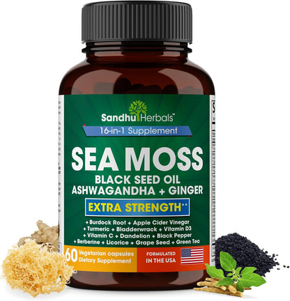 Sandhu Herbals Bundle - Sea Moss, Shilajit, Black Seed Oil, Ashwagandha, Ginger, Rhodiola Rosea, Panax Ginseng, Stinging Nettle