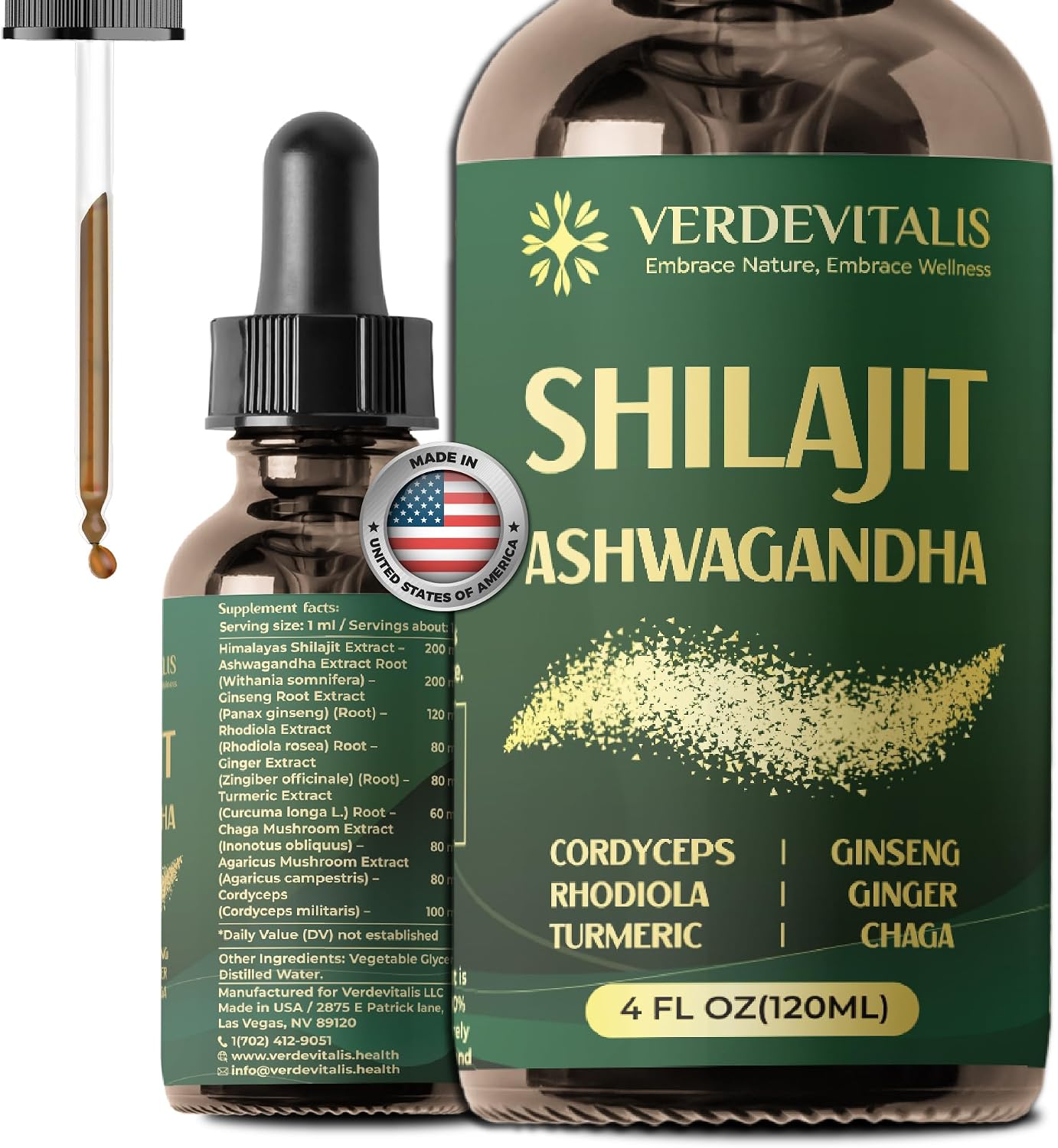 Shilajit Liquid Drops – Pure Shilajit Extract with Ashwagandha for Men & Women, Energy, Stamina & Vitality, Adaptogen Herbal Blend with Cordyceps, Rhodiola & Chaga – 4 fl oz