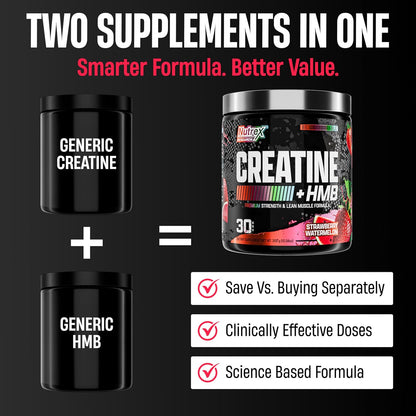 Nutrex Research Creatine HMB Powder - Creatine Monohydrate Powder with HMB for Muscle Growth, Strength, Energy and Performance - Transparent Formula - Strawberry Watermelon Flavor - 30 Servings