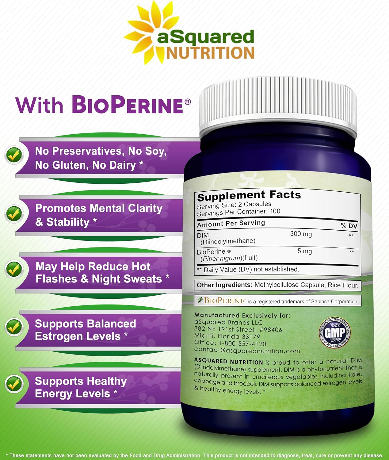 aSquared Nutrition DIM Supplement 300mg Per Serving Plus BioPerine - 200 Veggie Capsules - Diindolylmethane DIM Max Strength Pills to Support Estrogen Metabolism & Balance, Menopause, Hormonal Acne