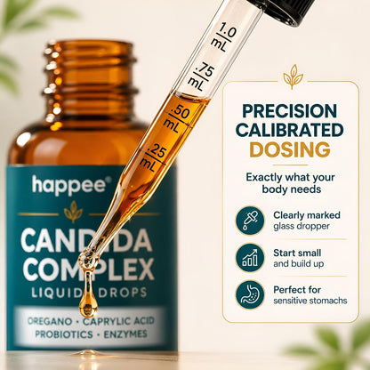 Happee Candida Cleanse Drops 10-in-1 Gut & Oral Detox Support Men Women 2oz | Yeast & Overgrowth Support - Oregano, Caprylic Acid & Probiotics - Flora Balance & Digestive Comfort - 60 Servings