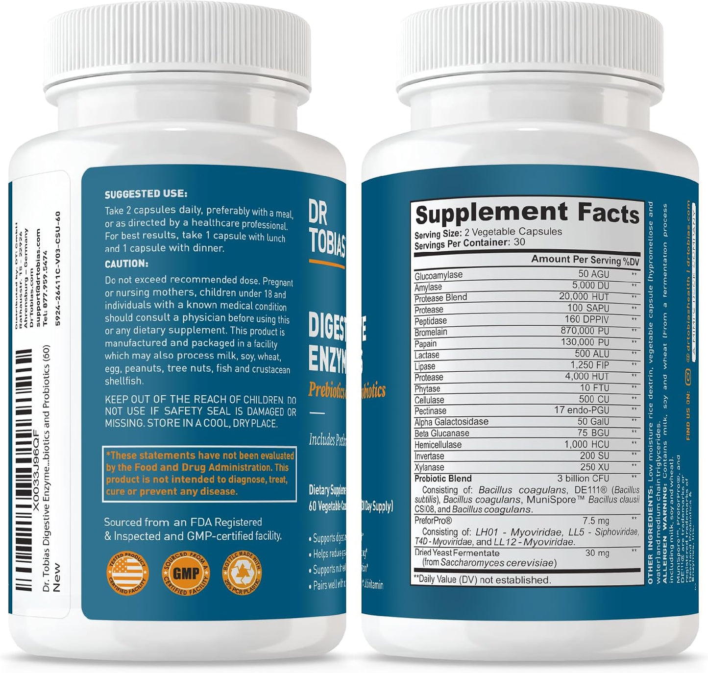 Dr. Tobias Digestive Enzymes + Prebiotics & Probiotics 60 Capsules | Digestion & Gut Support | Enzymes + Prebiotics + Probiotics + Postbiotics | Bromelain, Amylase & Lipase | 30 Servings