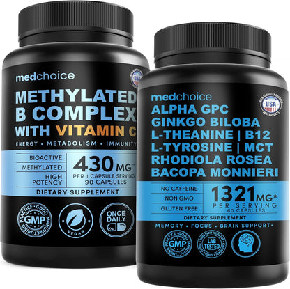 MEDCHOICE Methyl B Complex Capsules and Nootropic Brain Supplement for Memory and Focus - High Potency B Complex with L-Methylfolate and Ginkgo Biloba for Daily Cognitive Support