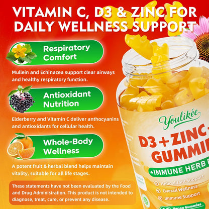 Vitamin C + D3 5000IU + Zinc Gummies for Adults, Orange Flavor, 60 Count | Immune Support supplement with Elderberry, Echinacea & Mullein Leaf - Antioxidant Support, Sugar Free