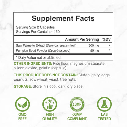 Saw Palmetto Supplement with Pumpkin Seed, 300 Capsules | Promotes Prostate Health | DHT Blocker | Hair Growth Vitamins, Maintain Normal Urinary Frequency