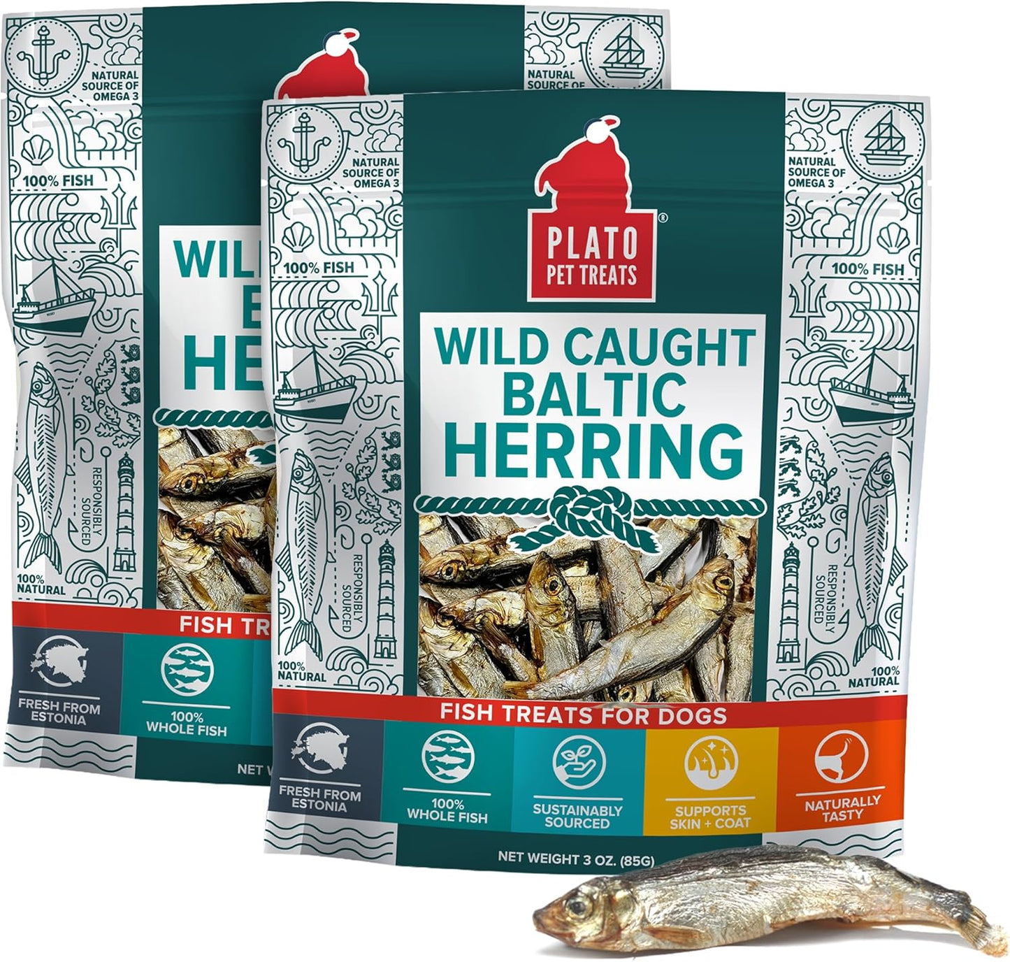 Plato Pet Treats Fish Dog Treats - Air-Dried, Single Ingredient Pet Treat - Omega 3 & 6 Fatty Acids to Support Skin and Coat - 100% Whole Fish - Wild Caught Baltic Herring - 3oz - 2 Pack