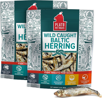 Plato Pet Treats Fish Dog Treats - Air-Dried, Single Ingredient Pet Treat - Omega 3 & 6 Fatty Acids to Support Skin and Coat - 100% Whole Fish - Wild Caught Baltic Herring - 3oz - 2 Pack
