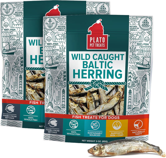 Plato Pet Treats Fish Dog Treats - Air-Dried, Single Ingredient Pet Treat - Omega 3 & 6 Fatty Acids to Support Skin and Coat - 100% Whole Fish - Wild Caught Baltic Herring - 3oz - 2 Pack