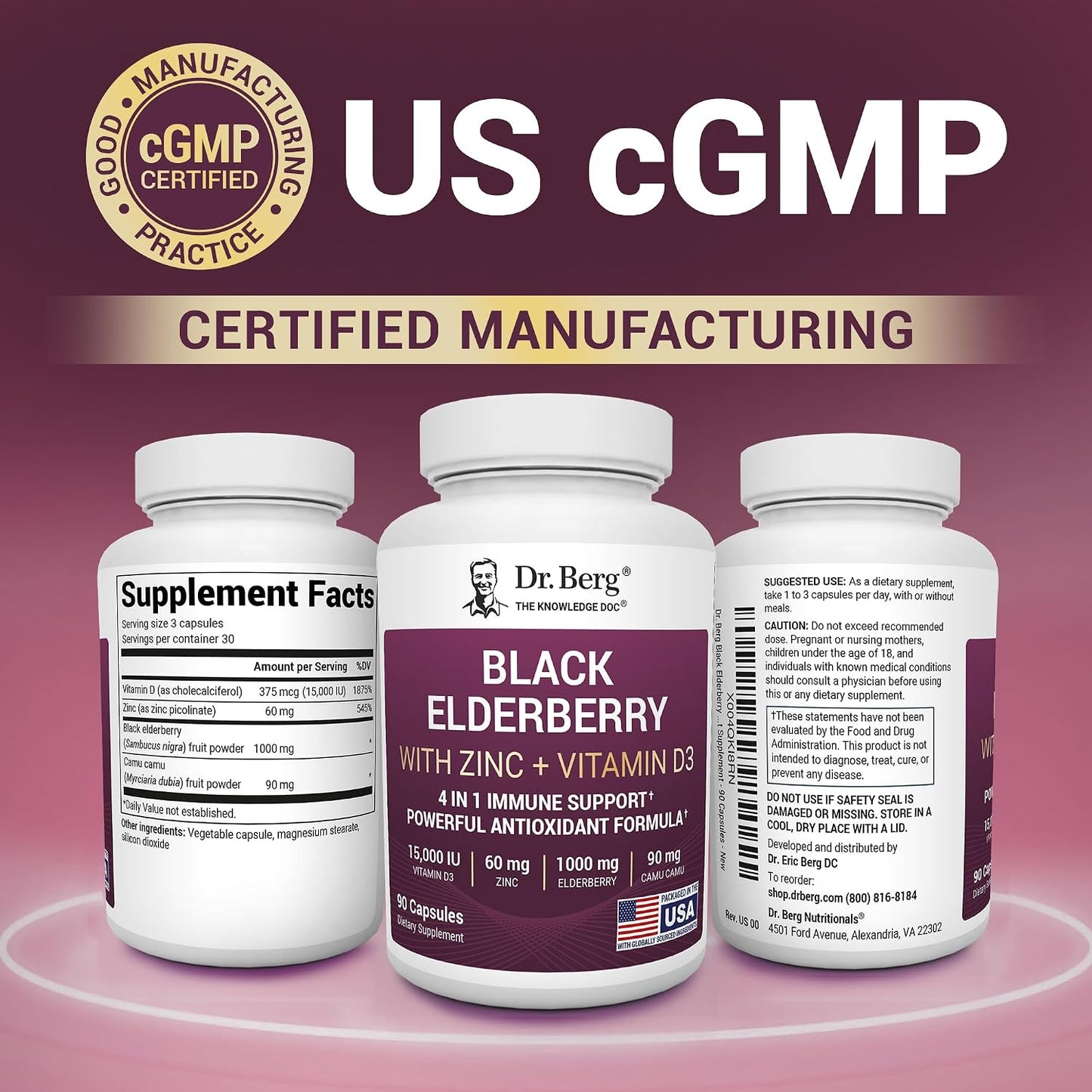 Dr. Berg Black Elderberry Capsules (Advanced Immune Support*) with 15,000 IU Vitamin D, 60 mg of Zinc, & 90 mg of Camu Camu - (4-in-1) Sambucus Elderberry Immune Support Supplement - 90 Capsules
