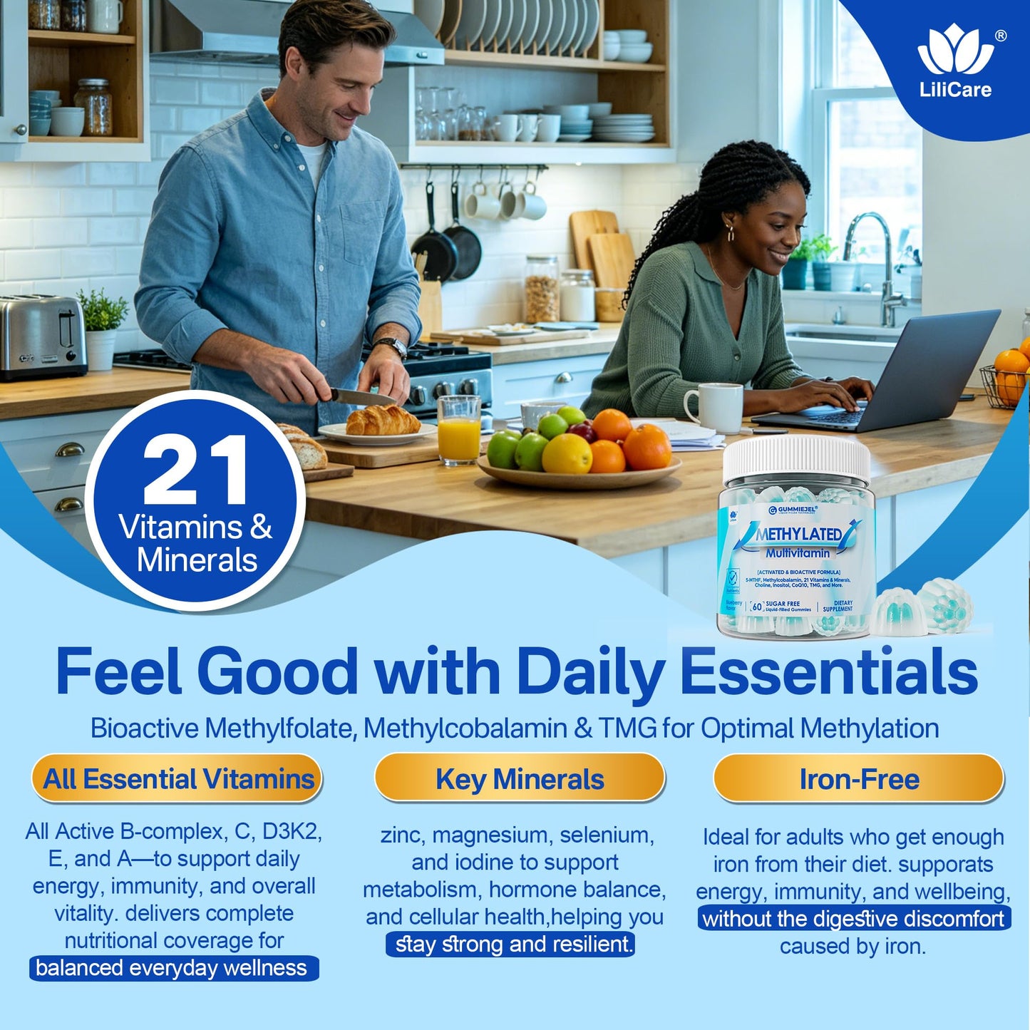Methylated Multivitamin for Men & Women Gummies + Greens & Mushroom Blend, Methylfolate & B12, TMG, Choline, Daily Vitamin A, C, D3K2, E, B Complex, Coq10, ALA for Overall Wellness, Sugar Free, 60 Cts