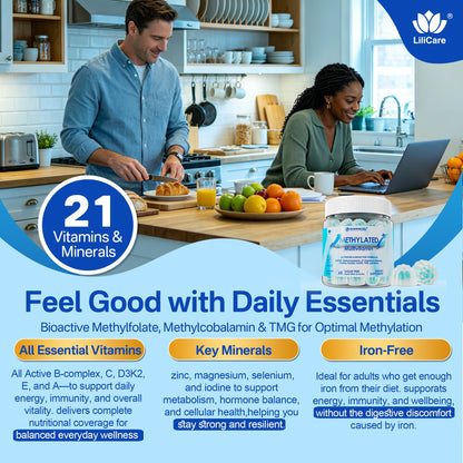 Methylated Multivitamin for Men & Women Gummies + Greens & Mushroom Blend, Methylfolate & B12, TMG, Choline, Daily Vitamin A, C, D3K2, E, B Complex, Coq10, ALA for Overall Wellness, Sugar Free, 60 Cts