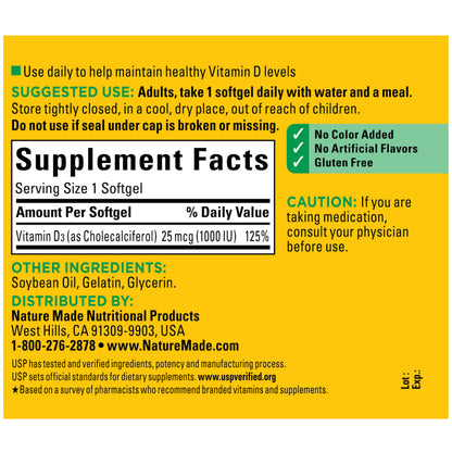 Nature Made Vitamin D3 1000 IU (25 mcg), 300 Vitamin D Softgels | Vitamin D Supplement for Immune, Bone, Teeth and Muscle Health Support, 300 Day Supply