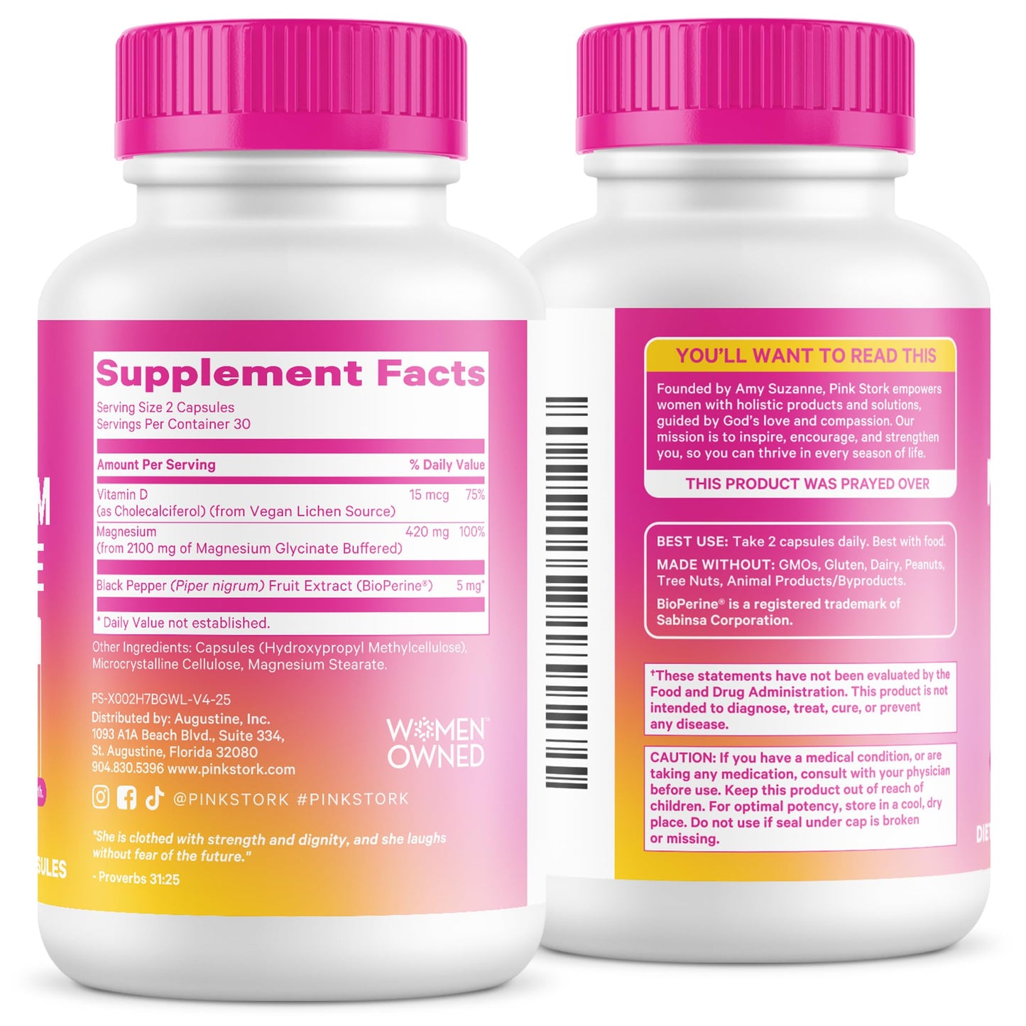 Pink Stork Magnesium Glycinate with Vitamin D, 60 Capsules | Magnesium Supplement for Women, Supports Natural Calm, Mood, and Sleep, Hormone Balance for Women, 1 month supply