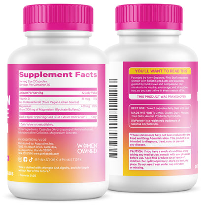 Pink Stork Magnesium Glycinate with Vitamin D, 60 Capsules | Magnesium Supplement for Women, Supports Natural Calm, Mood, and Sleep, Hormone Balance for Women, 1 month supply