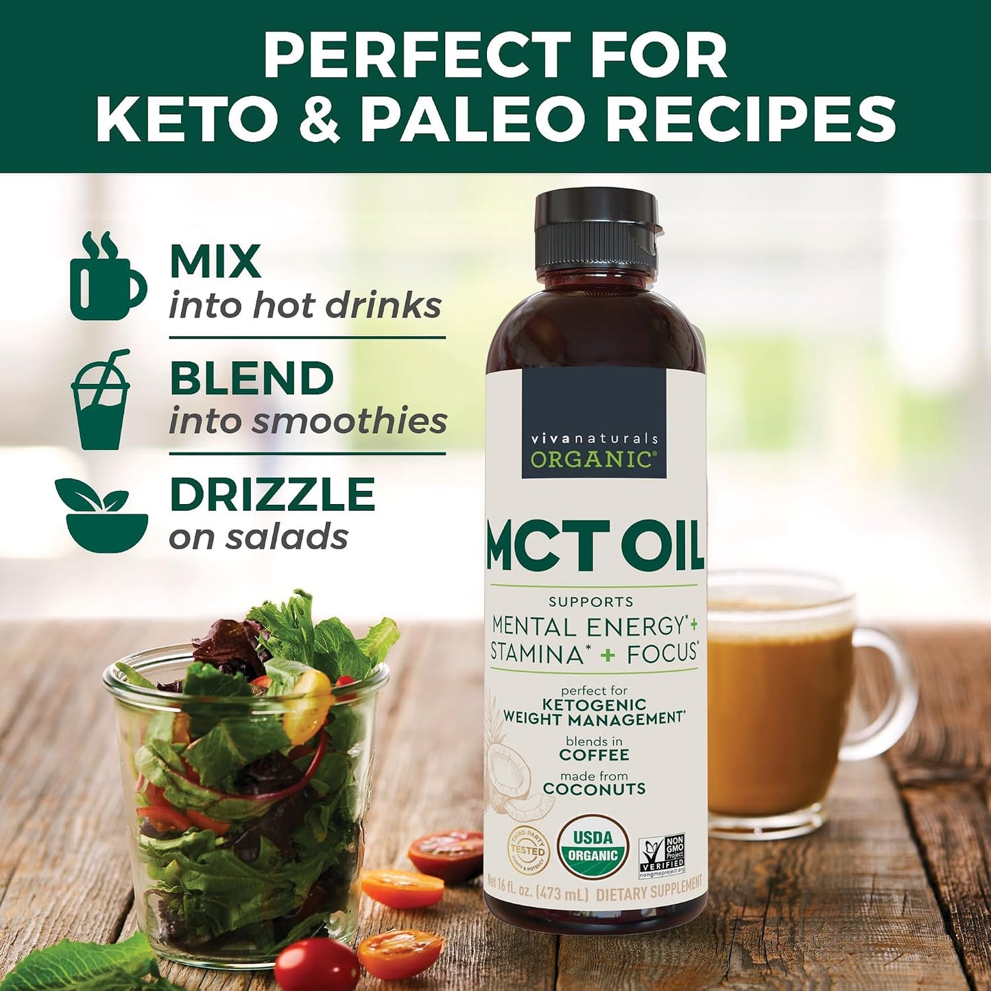 Viva Naturals Organic MCT Oil, 16 fl oz – MCT Oil for Coffee, USDA Organic, Non-GMO, Paleo Certified & Keto Friendly, Supports Energy & Mental Clarity