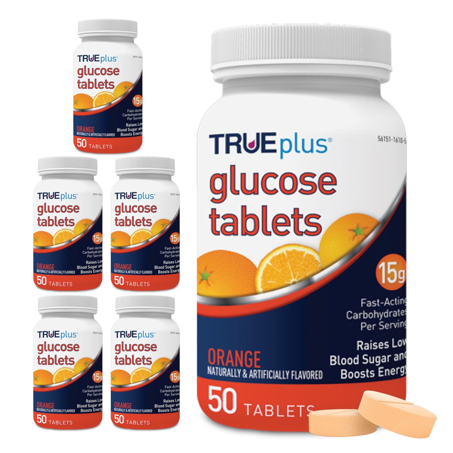 TRUEplus Glucose Tablets, Grape, Raspberry, Orange Flavors, 50 Count | Chewable Tablets, 15g Fast-Acting Carbohydrates, Fat Free, Gluten Free, Boosts Energy, Great Tasting and Easy to Use