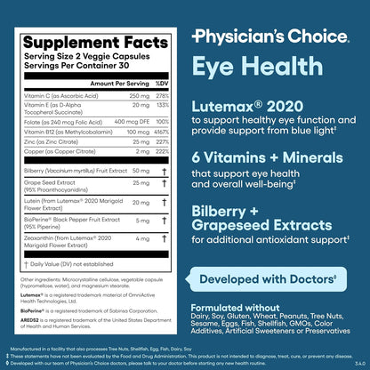 Physician's Choice Eye Health - Lutein, Zeaxanthin & Bilberry Extract - Supports Eye Strain, Dry Eyes, and Vision Health - 2 Award-Winning Clinically Proven Eye Vitamin Ingredients - Carotenoid Blend