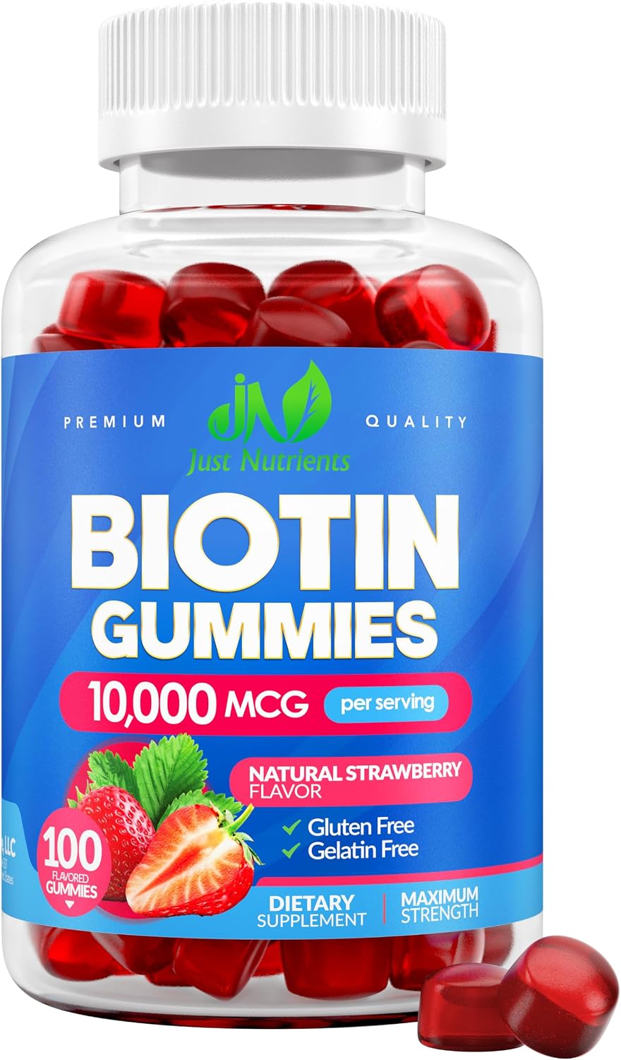 Biotin 10,000mcg Gummies for Hair Growth, Skin & Nails (100 Count) | 2x Maximum Strength Biotin Vitamins for Women & Men - Gluten-Free, Vegan, Great Tasting Strawberry Flavor