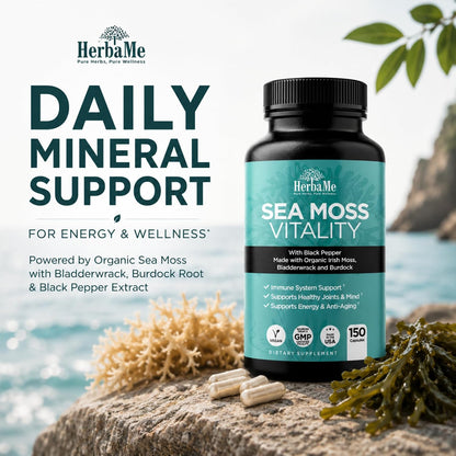 HerbaMe Organic Sea Moss Supplement with Bladderwrack & Burdock Root, Irish Moss with Black Pepper Extract, Daily Mineral Support for Energy & Wellness, Immune Support for Men & Women, 150 Capsules