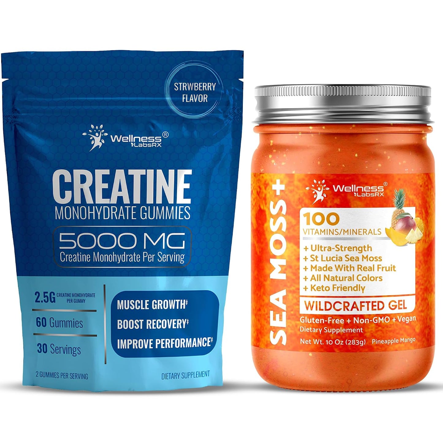 WELLNESS LABSRX Irish Sea Moss Gel Pineapple Mango Flavor - Creatine Gummies 5000mg | Bundle