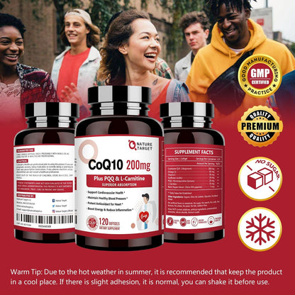 NATURE TARGET CoQ10 200mg with PQQ, L-Carnitine and Omega-3s, 120 Softgels | High-Absorption Coenzyme Q10 with BioPerine Supports Heart, Immune Health and Cellular Energy Production