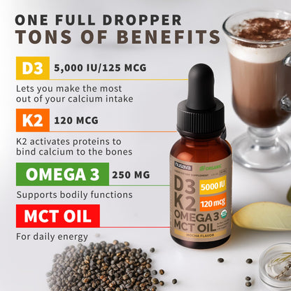 (2 Pack) Organic Vitamin D3 K2 Drops with MCT Oil & Omega 3 - Liquid Vitamin D3 5000 IU - K2 D3 Vitamin Supplement - Vitamin D Drops for Women & Men - No Fillers, Non-GMO, GMP, Unflavored (2 Fl Oz)