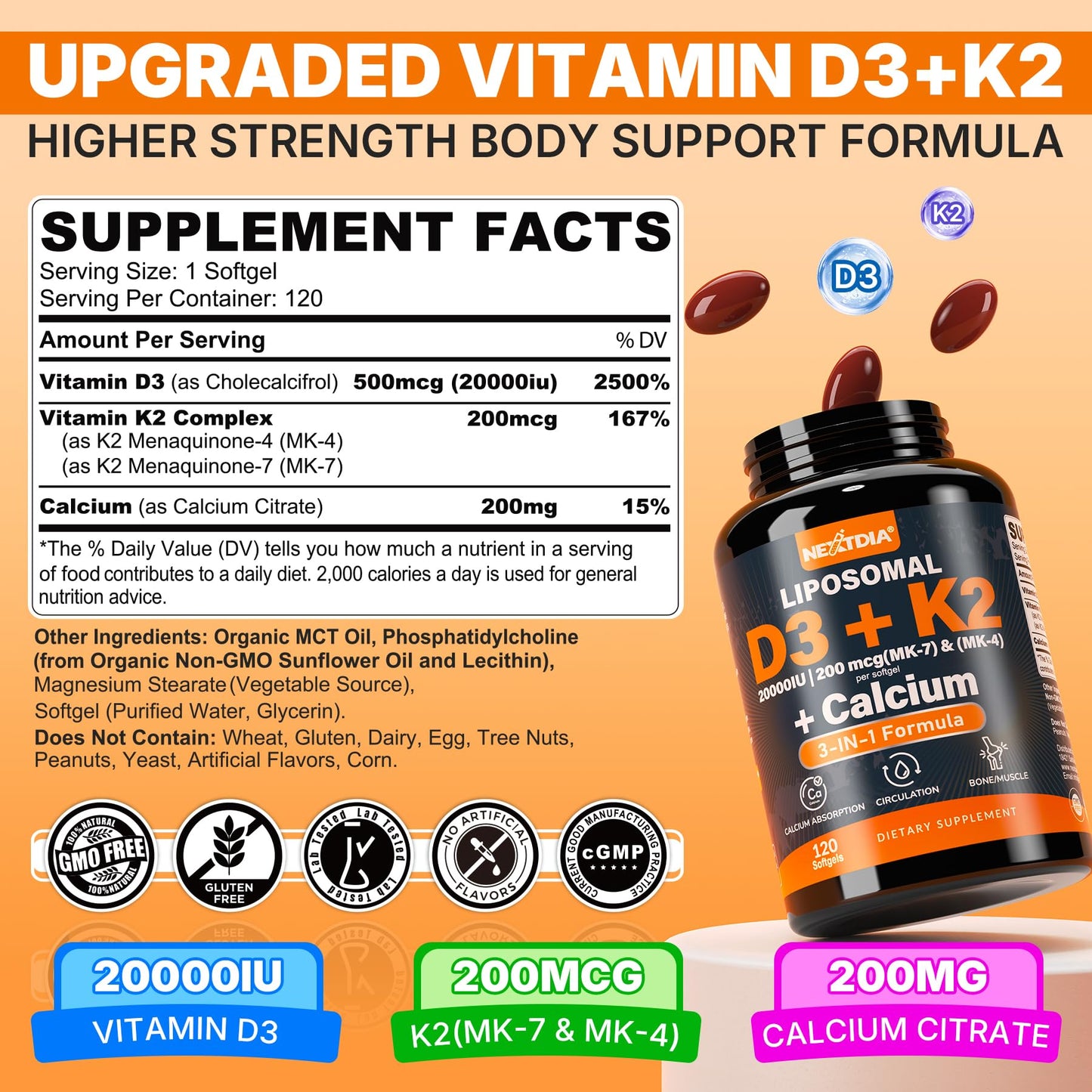 Vitamin D3 20,000 IU + K2 Vitamin (MK4 & MK7) 200mcg + Calcium Citrate, Optimal Vitamin D3 K2 Softgel - Strong Bone & Muscle, Calcium Absorption, Helping Vitamin D Deficiencies, Easy to Swallow, 2Pack