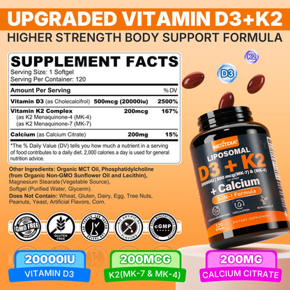 Vitamin D3 20,000 IU + K2 Vitamin (MK4 & MK7) 200mcg + Calcium Citrate, Optimal Vitamin D3 K2 Softgel - Strong Bone & Muscle, Calcium Absorption, Helping Vitamin D Deficiencies, Easy to Swallow, 2Pack