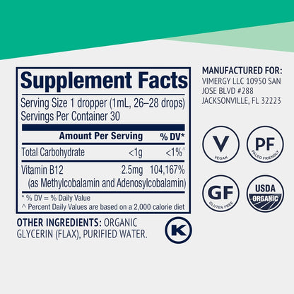 Vimergy USDA Organic Liquid Vitamin B12 Supplement 2500 mcg, Methylcobalamin & Adenosylcobalamin – Energy Support, Vegan, Non-GMO B12 Vitamins for Women & Men 30 Serving (30 mL)