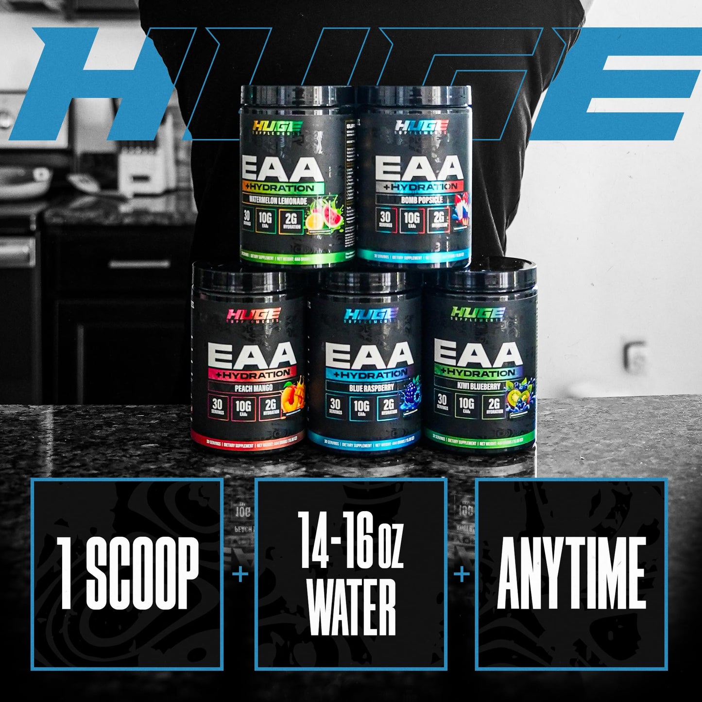Huge EAA + Hydration, Essential Amino Acids Powder, EAAs & BCAAs, Intra & Post Workout Recovery Powder, Muscle Growth, Recovery & Performance, 10g EAAs & Electrolytes, Kiwi Blueberry, 30 Servings