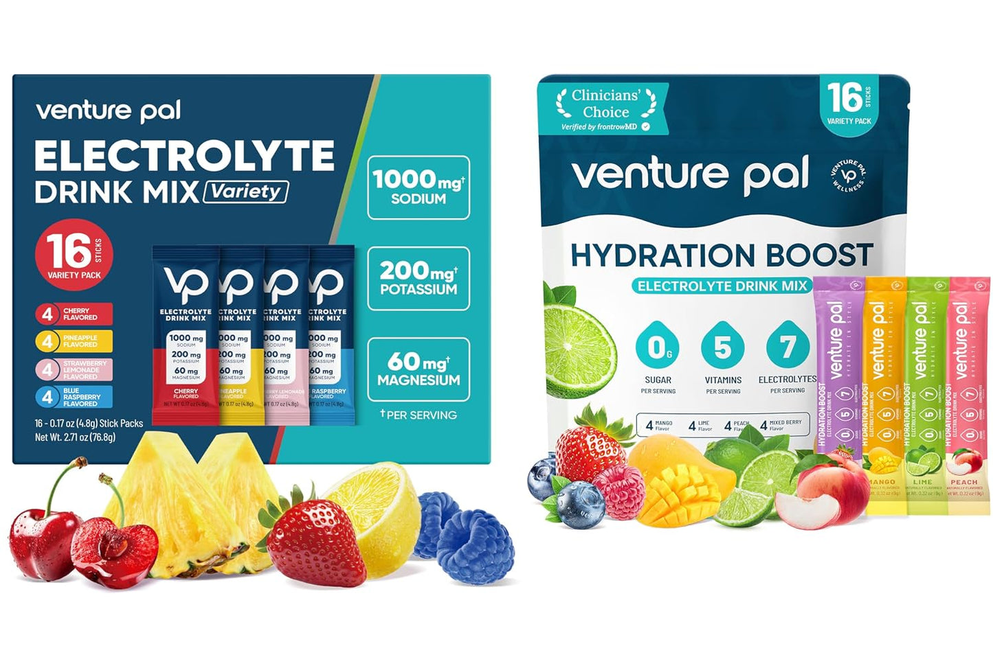 Venture Pal Sugar-Free Electrolyte Powder Combo Pack – Daily Hydration & High Sodium Electrolyte Mix | Zero Calories | 32 Sticks Total