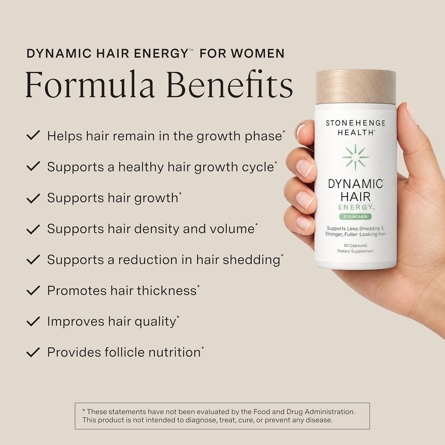 Stonehenge Health Dynamic Hair Energy for Women – Hair Growth Supplement with Saw Palmetto, Spermidine, Biotin, Iron & Tocotrienols – Supports Thicker Hair with Less Shedding – 60 Capsules