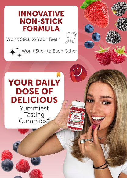 Lunakai USA Made Vegan Iron Gummies 5-in-1 with Methylfolate, Vitamin C, E & B12 - Daily Chewable Iron Supplement for Women, Men & Kids - Energy & Blood Health Support, Non-GMO, 60ct