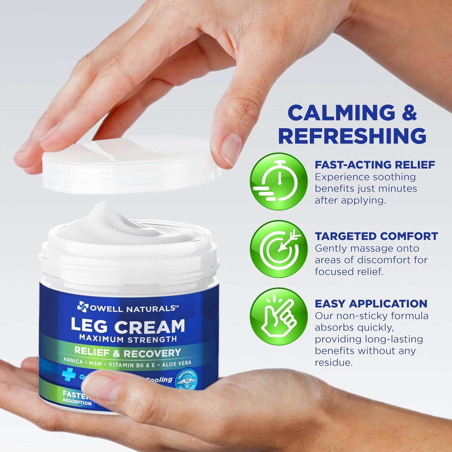 OWELL NATURALS Relief Legs Cream, Deep Penetrating Soothing Formula, Fast Acting & Maximum Strength with Arnica, Aloe Vera Vitamin E, for Muscles, Calf, foot, ankle, 2 oz