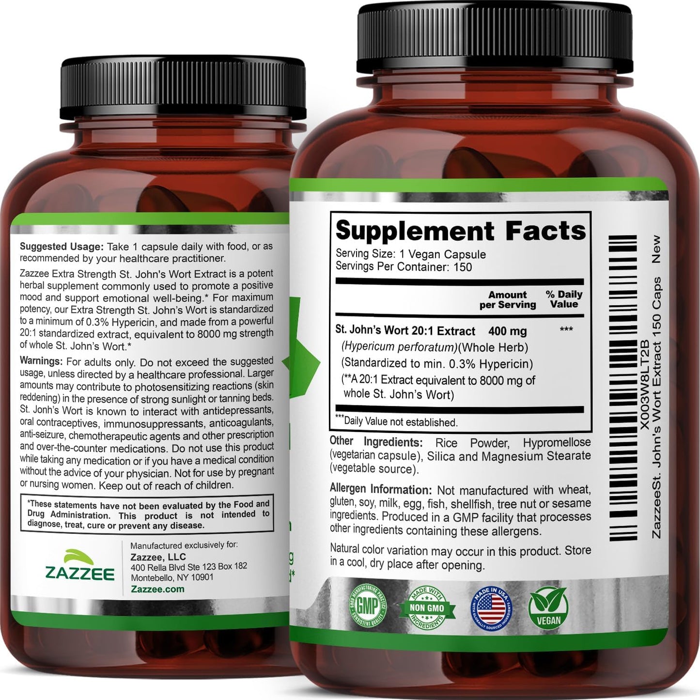 Zazzee Extra Strength St. John’s Wort 20:1 Extract, 0.3% Hypericin, 150 Vegan Capsules, 5 Month Supply, Hypericum Perforatum, Mood & Emotional Wellness Support, Herbal Supplement, Non-GMO, Made in USA