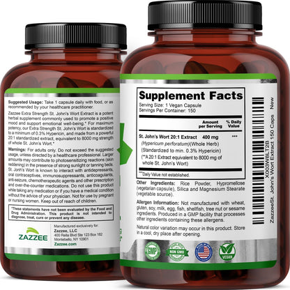 Zazzee Extra Strength St. John’s Wort 20:1 Extract, 0.3% Hypericin, 150 Vegan Capsules, 5 Month Supply, Hypericum Perforatum, Mood & Emotional Wellness Support, Herbal Supplement, Non-GMO, Made in USA
