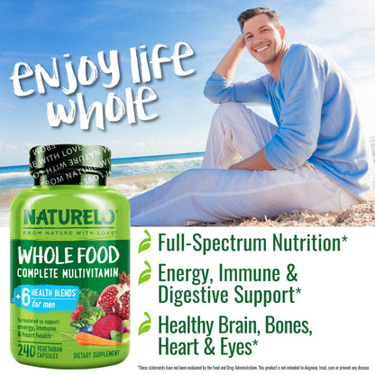 NATURELO Mens Multivitamins - Whole Food Multivitamin for Men with Vitamins, Minerals - 120 Vegetarian Capsules for Energy, Brain, Heart, Eye Health*