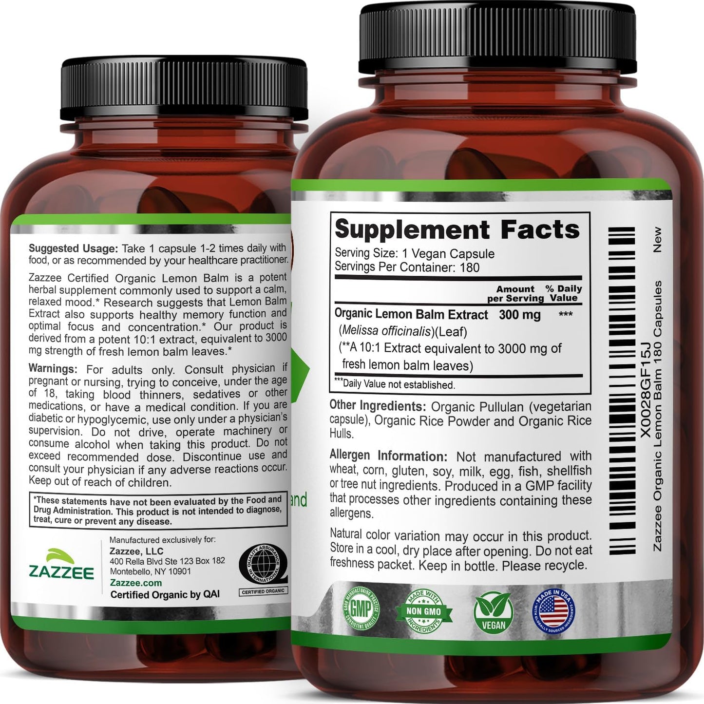 Zazzee USDA Organic Lemon Balm 10:1 Extract, 180 Capsules, 6 Month Supply | Vegan, All-Natural, Non-GMO, Melissa Officinalis, Calm, Mood, Stress & Relaxation Support, Herbal Supplement, Made in the USA